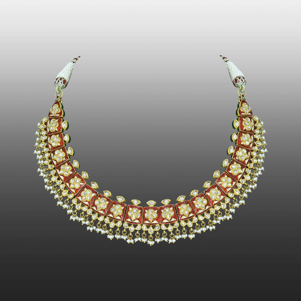 Red Enamel Polki Necklace with Floral Motifs and Cheed Pearls